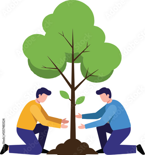 Two men planting a young tree together in a lush garden setting, showcasing teamwork and care in a flat vector illustration