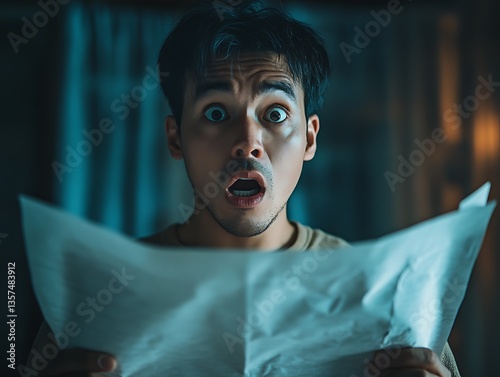 Startled Man Reads Document at Night