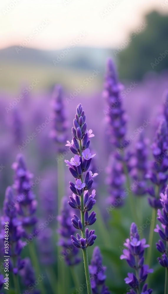 Obraz premium Close-up of blooming Lavender flowers in a field with soft focus background, blooming, vibrant