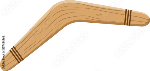 Wooden boomerang design in flat style showcasing smooth curves and natural wood texture in an artistic vector illustration