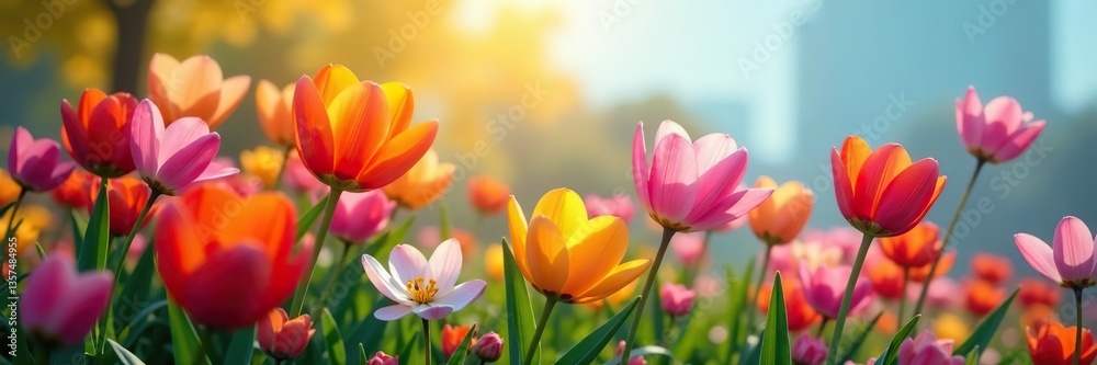Fototapeta premium Close up of colorful spring flowers in full bloom, spring, outdoor