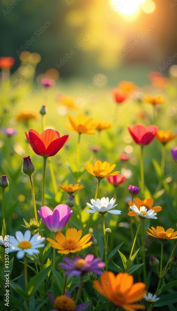 Colorful array of wild flowers blooming in a meadow under the warm sun, field, beauty Colorful array of wild flowers blooming in a meadow under the warm sun, field, beauty