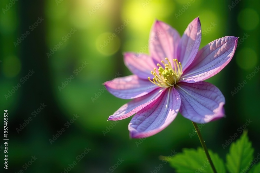 Fototapeta premium Close-up of delicate wild Clematis flower blooming in a forest, spring, bloom