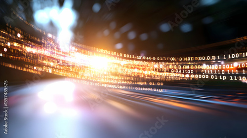Abstract Data Stream Visualization with Binary Code in Motion Blur Glowing Orange And Blue Virtual Network Concept Background for Technological Innovation