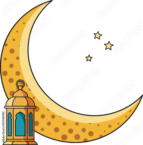 Golden crescent moon with dotted texture and ornate lantern surrounded by twinkling stars in a flat vector illustration