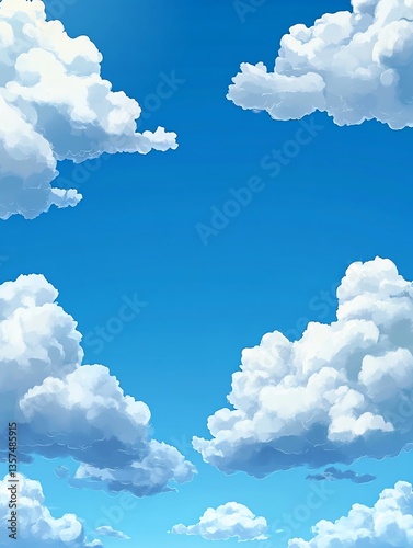 Fluffy White Clouds in a Bright Blue Sky Cartoon Illustration