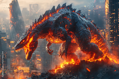 A massive, fiery creature rampages through a futuristic cityscape, causing destruction amidst skyscrapers