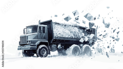 The image depicts a grey dump truck in motion against a stark white background. The truck appears to be disintegrating, with numerous fragments and pieces of the truck breaking away and dispersing