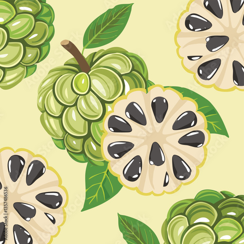 Custard apple and its slices artistically arranged in an abstract design, offering a fresh take on tropical fruit.