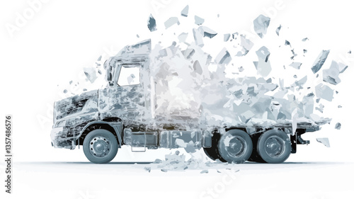 A 3D rendering depicts a large truck in the process of disintegrating.  The truck is primarily grey and white, and its form is breaking apart into numerous smaller, white, fragmented pieces that