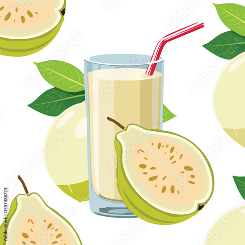 Crisp guava juice in motion, with slices of the fruit artistically arranged around..
