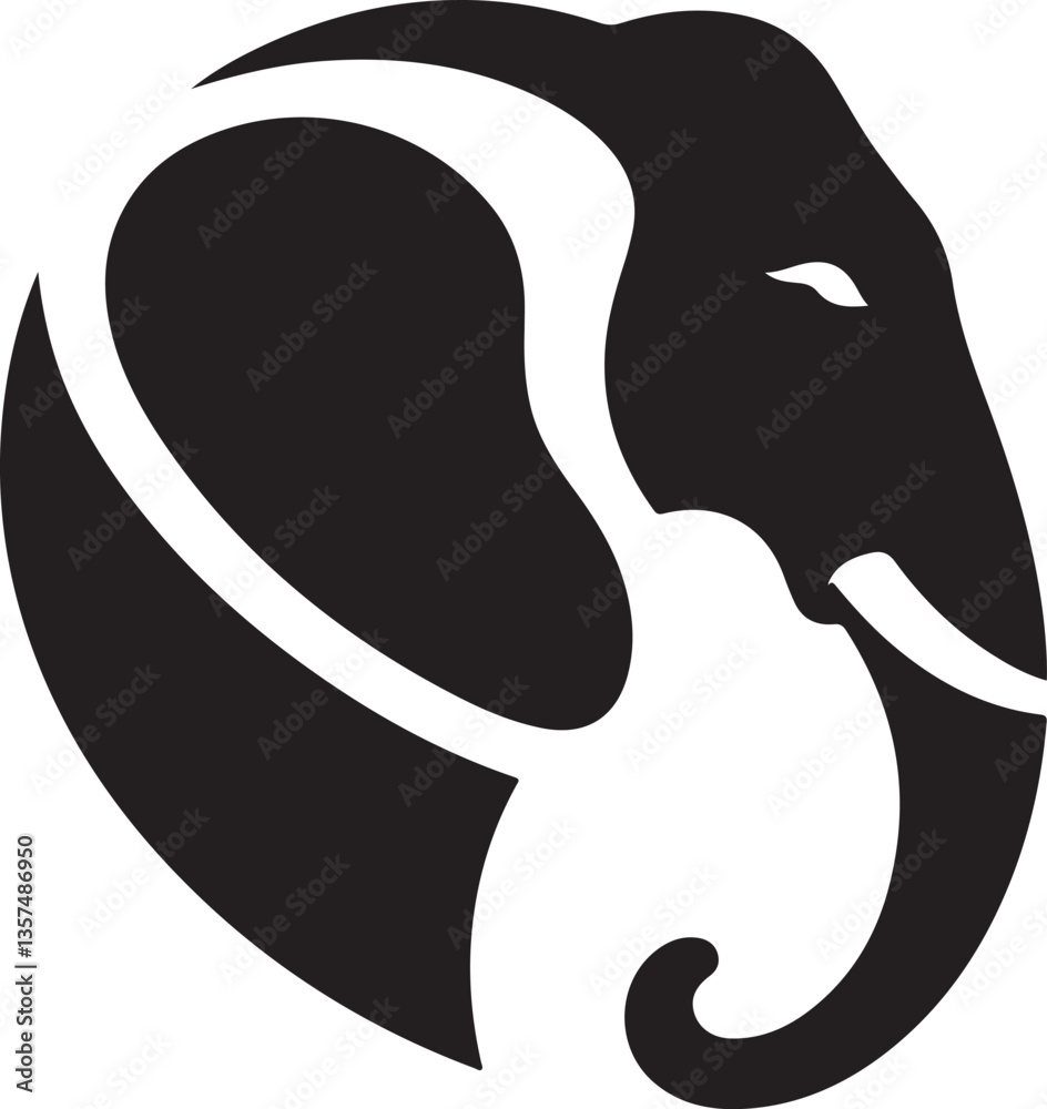 Elephant Icon: An elegant and powerful elephant silhouette, rendered in bold black and white, representing strength, wisdom, and memory.