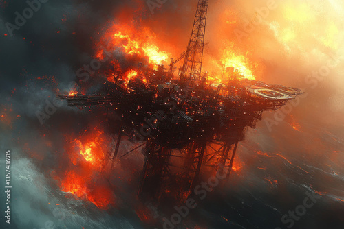 A dramatic oil rig blowout, intense and industrial, energy theme