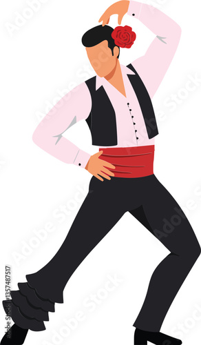 Male flamenco dancer performing a lively dance with traditional attire in a flat vector art style showcasing vibrant colors and dynamic movement