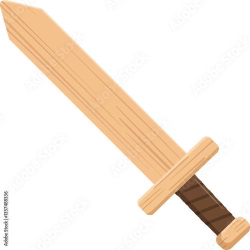 Wooden sword designed in a flat style with simple lines and a natural color palette showcasing minimalistic features in vector art