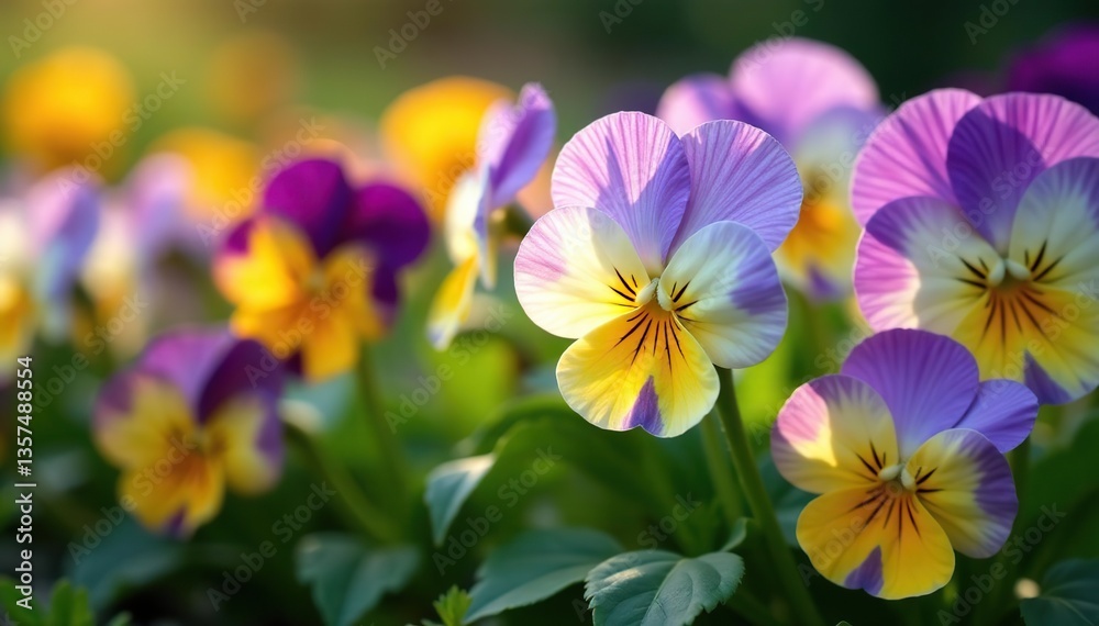 Colorful pansy flowers blooming in the garden, showcasing delicate petals in shades of purple, yellow, and white, spring, nature Colorful pansy flowers blooming in the garden, showcasing delicate petals in shades of purple, yellow, and white, spring, nature