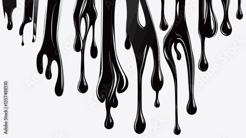 Close-up view of multiple black paint drips flowing downwards against a white background.  The paint exhibits variations in thickness and texture, with some drips appearing more viscous and others