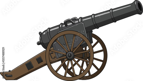 Historical artillery cannon with wooden wheels in a flat and detailed vector art style showcasing military design elements and historical significance