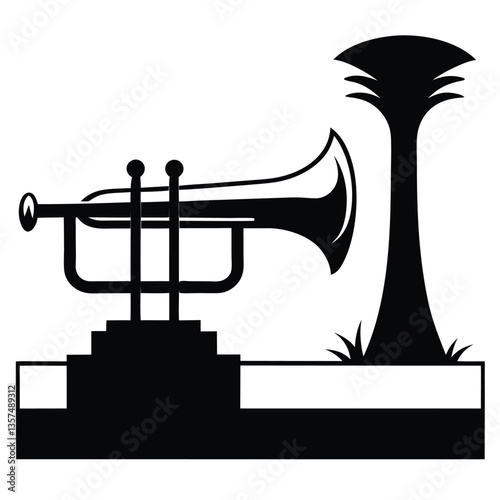  a lone trumpet resting on a stone ledge at a milit