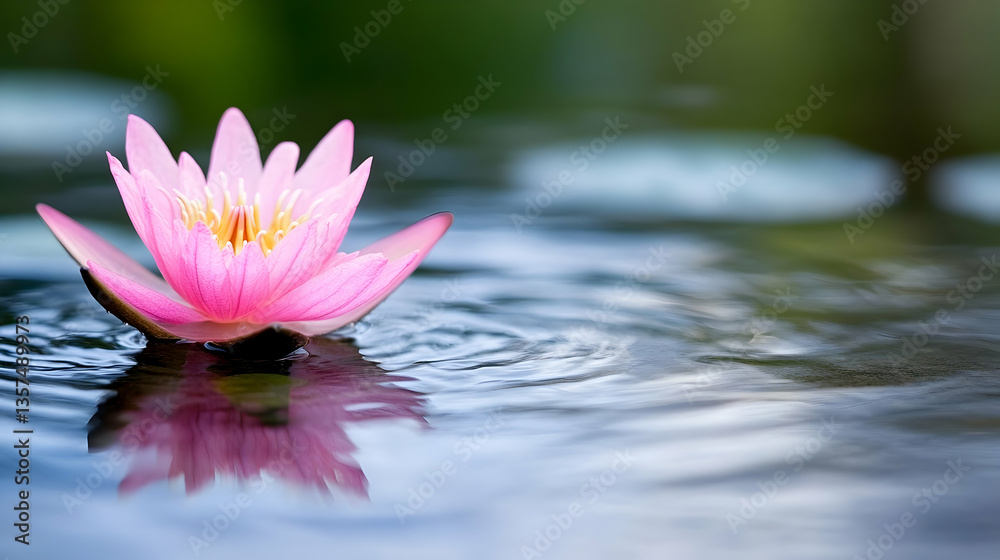 Captivating Close Up of a Pink Lotus Flower in Full Bloom Resting on Water with Ripples and Soft Reflections Bathed in Natural Light against a Blurred Green Background Captivating Close Up of a Pink Lotus Flower in Full Bloom Resting on Water with Ripples and Soft Reflections Bathed in Natural Light against a Blurred Green Background