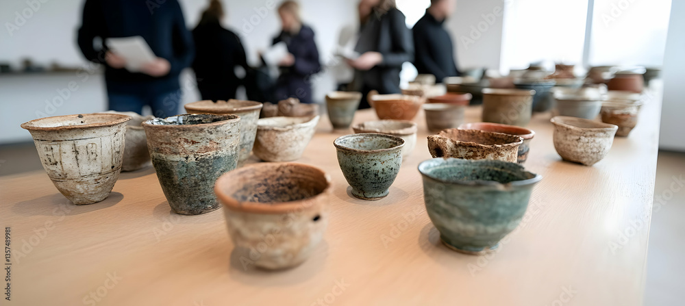 Fototapeta premium Ceramic Cups Collection on Display Table in Art Gallery Featuring Handmade Pottery with Varied Textures Gray Brown and Beige Hues under Bright Studio Lighting with People in the Background