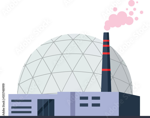 Industrial facility with a large dome and smokestack in flat vector art style showcasing modern architecture and environmental impact