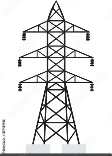 Power transmission tower standing tall against a white background in minimal flat vector art style, showcasing modern energy infrastructure and industrial significance.