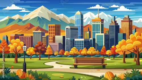 Panoramic view of downtown Denver Colorado from City Park in Fall with the Rocky Mountains in the background
