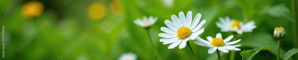 Close-up of white daisy flowers surrounded by green plants in garden, spring, beauty Close-up of white daisy flowers surrounded by green plants in garden, spring, beauty