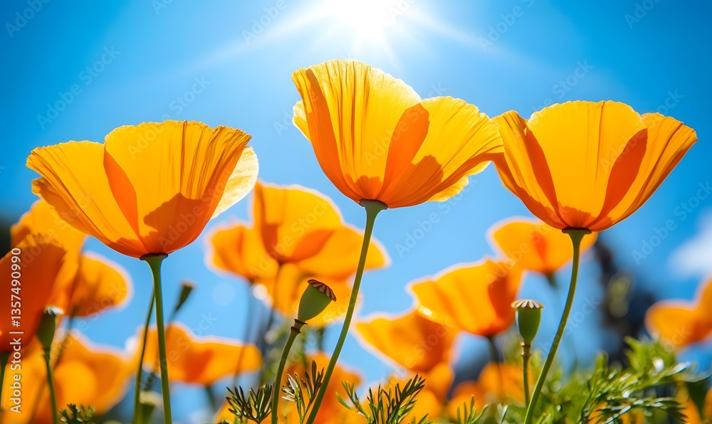 Obraz premium Mesmerizing California Poppies under Blue Sky – Vibrant Orange Flowers in Full Bloom Highlighting Natural Beauty of Springtime Landscape and Serene Wildflower Fields