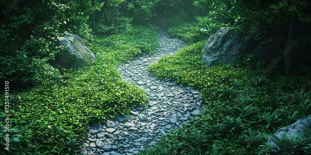 Fototapeta premium Enchanting journey along a serpentine path that winds through a lush emerald forest revealing nature's beauty