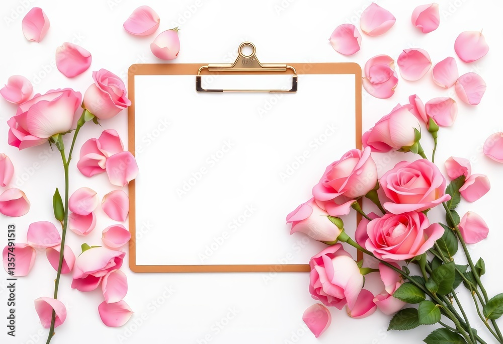 Obraz premium Pastel pink roses & petals artfully arranged around a blank clipboard on white background, white, flowers