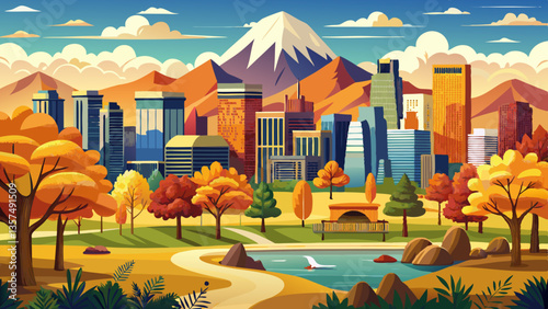 Panoramic view of downtown Denver Colorado from City Park in Fall with the Rocky Mountains in the background