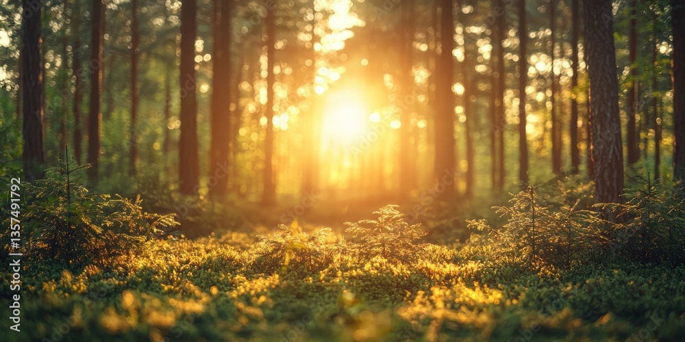 Obraz premium The serene beauty of a forest curve during golden hour bathed in warm hues that evoke tranquility