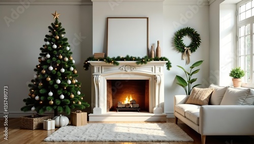 Cozy living room with Christmas tree and fireplace isolated on minimalistic background,  cozy, holidays