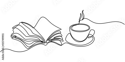 Opened book and cup of coffee with heart shape in continuous one line drawing, top view. Education, relaxation or slow living concept. Vector illustration, editable stroke. 