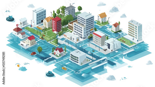 The image is a digital illustration depicting an isometric view of a city partially submerged in water. The style is low-poly, with various buildings, houses, and green spaces rendered in a