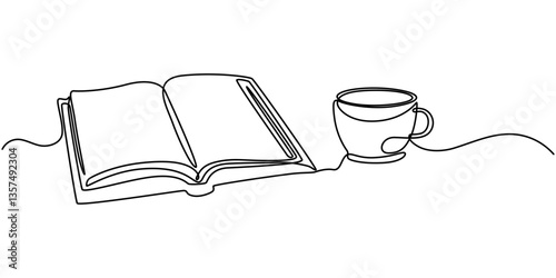 Opened book and cup of coffee with heart shape in continuous one line drawing, top view. Education, relaxation or slow living concept. Vector illustration, editable stroke. 