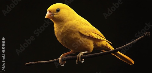 Yellow Canary Bird, Perched on Branch, Isolated on Black Background, Birdwatching Photography