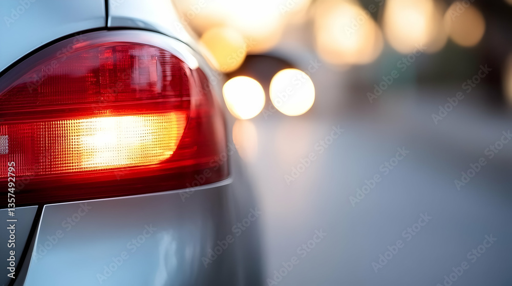 Close Up of Silver Car Tail Light on Urban Street with Bokeh at Night Reflecting City Lights Automotive Exterior Design and Transport Machine in Evening Drive Close Up of Silver Car Tail Light on Urban Street with Bokeh at Night Reflecting City Lights Automotive Exterior Design and Transport Machine in Evening Drive