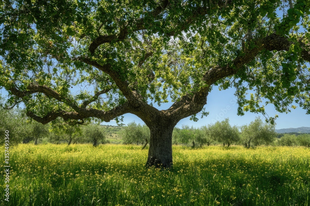 Lush Carob Tree in a Vibrant Spring Landscape of Cyprus Surrounded by Green Grass Lush Carob Tree in a Vibrant Spring Landscape of Cyprus Surrounded by Green Grass