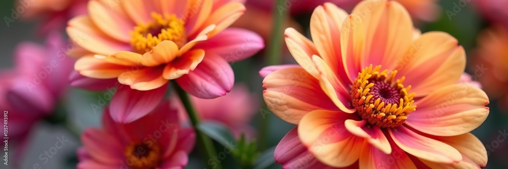 Fototapeta premium Close-up shot of vibrant pink and yellow flower bouquet, yellow, flora