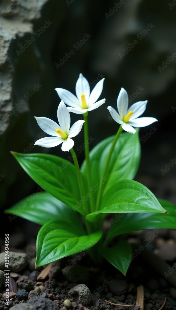 Obraz premium Cluster of white trillium flowers with green leaves against rocky backdrop, cluster, plant