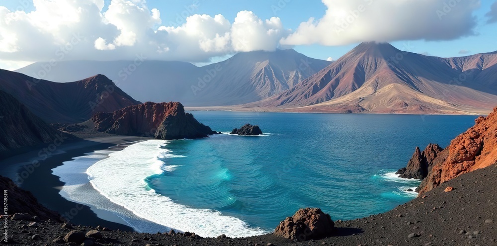 Naklejka premium Collage of diverse landscapes on Lanzarote island including volcanic mountains, black sand beaches, and unique rock formations, landscapes, rock formations