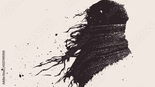 The image is a stylized monochrome portrait rendered in shades of gray and black. The style is abstract, with a focus on texture and form rather than precise detail. The subject appears to be a