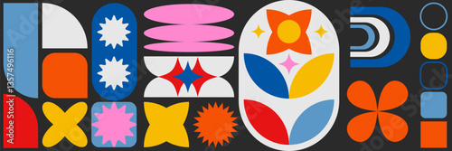 Brutalist abstract geometric shapes featuring stars, ovals, spirals, flowers, and other primitive elements. A fusion of Swiss design aesthetics, Bauhaus, and Memphis design influences.