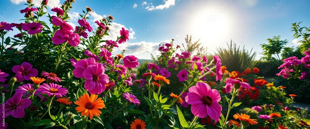Naklejka premium Sun-drenched garden, vibrant flowers blooming under summer sky, petals, plants