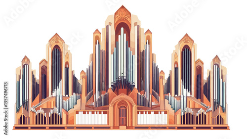 A digital illustration depicting a large, ornate pipe organ rendered in a style reminiscent of gothic cathedral architecture. The image is highly detailed, showing numerous pipes of varying sizes