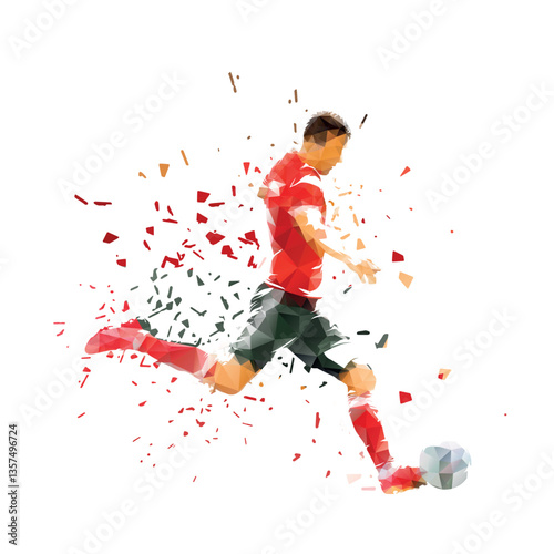 Football, soccer player running and kicking ball, isolated low poly distorted vector illustration, side view. Footballer, high contrast clipart