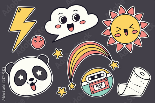 52 Colorful cartoon stickers, dark background, emoji-style characters, retro pop art, vibrant colors, kawaii designs, happy faces, speech bubbles, lightning bolt, rainbow, panda, sun, cloud, planet, s